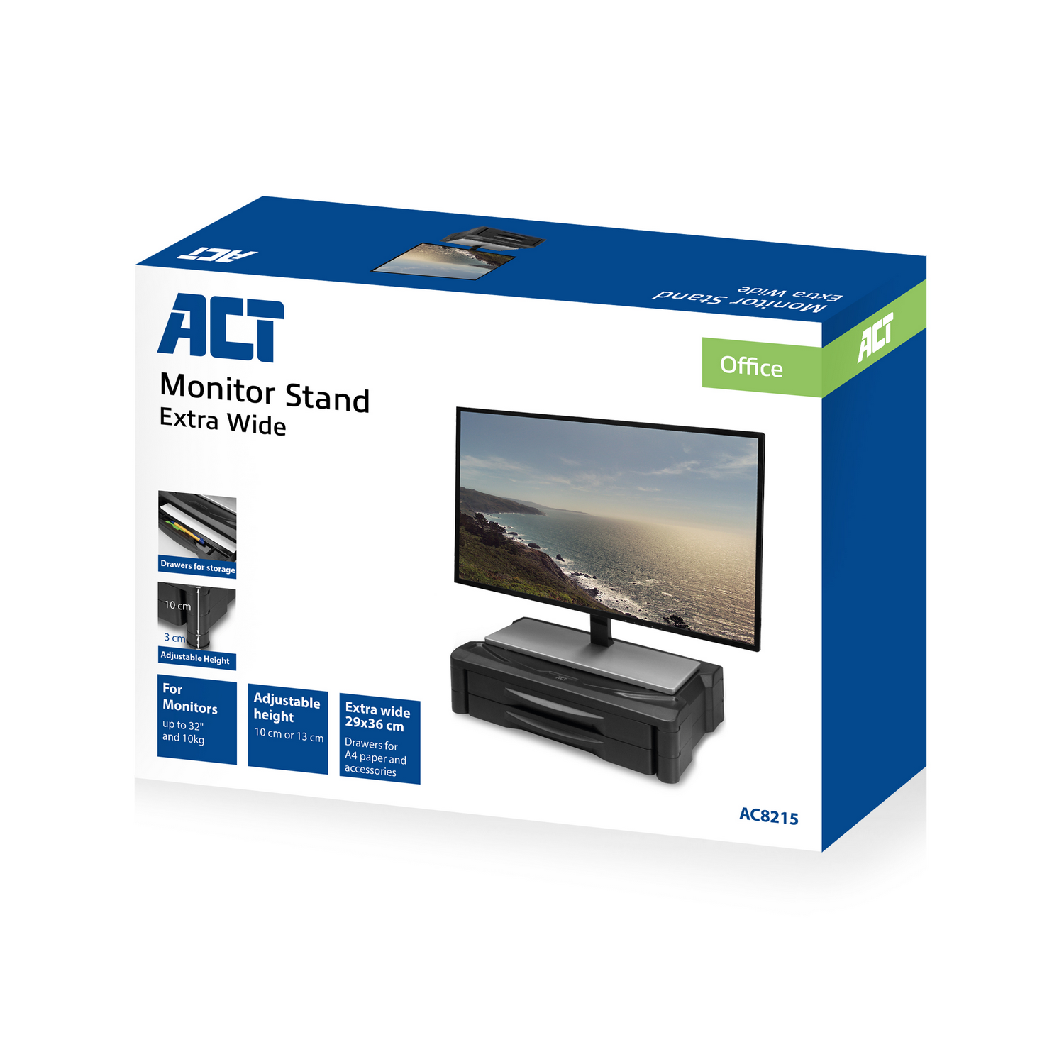 A monitor stand box. It shows the stand, monitor, and features. Label 'Office'.