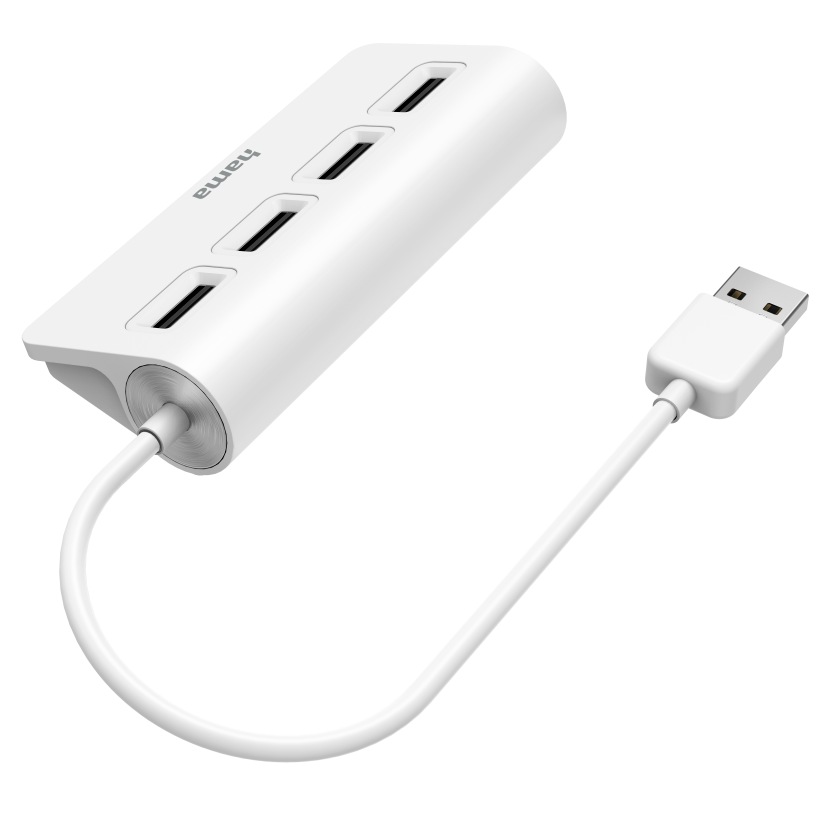 Egy fehér Hama USB hub négy porttal és csatlakoztatott kábellel, fekete háttér előtt.
