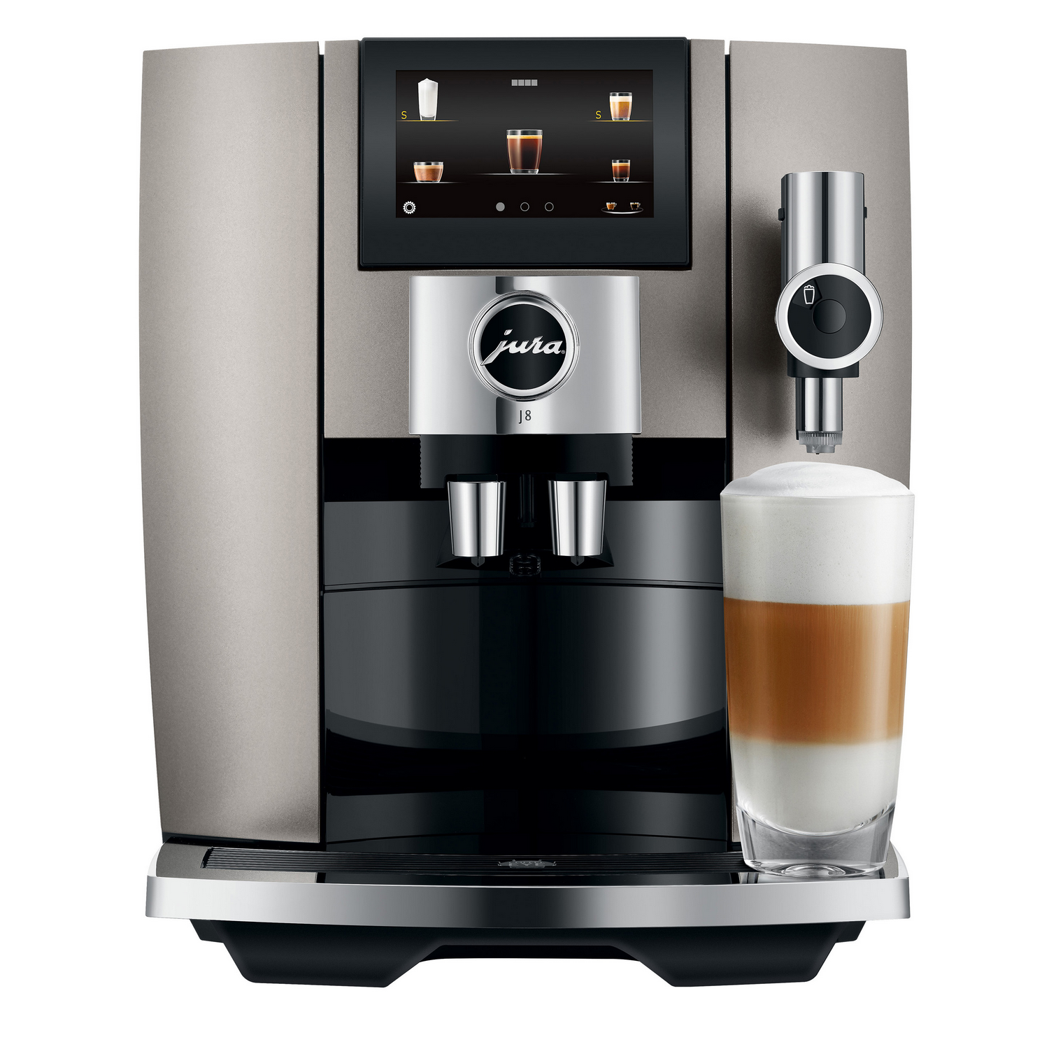 Coffee machine with touchscreen. A glass of latte macchiato is on the right side.