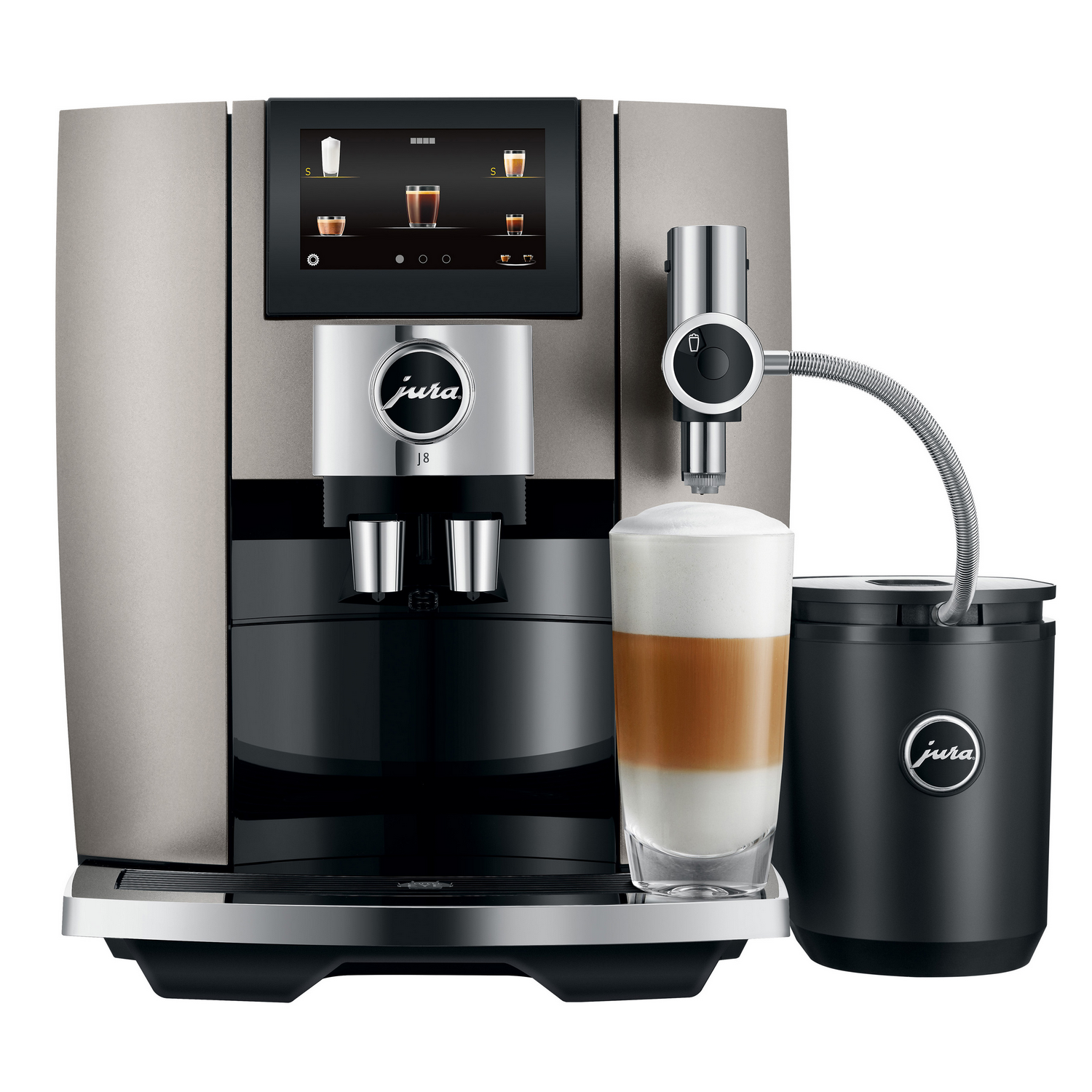 Coffee machine with a latte in a glass. A black container and a chrome nozzle are also visible.