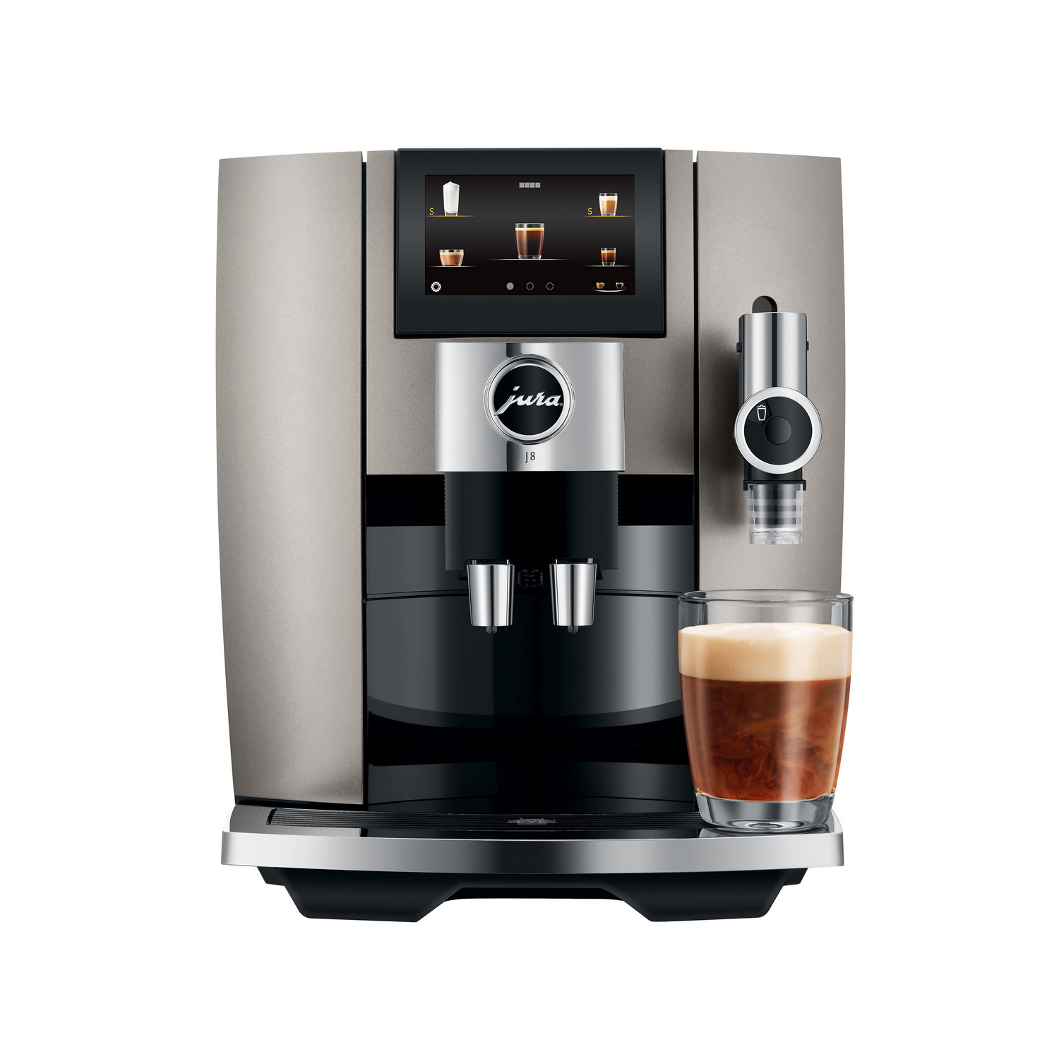 Silver and black Jura coffee machine with a display and a glass of coffee.
