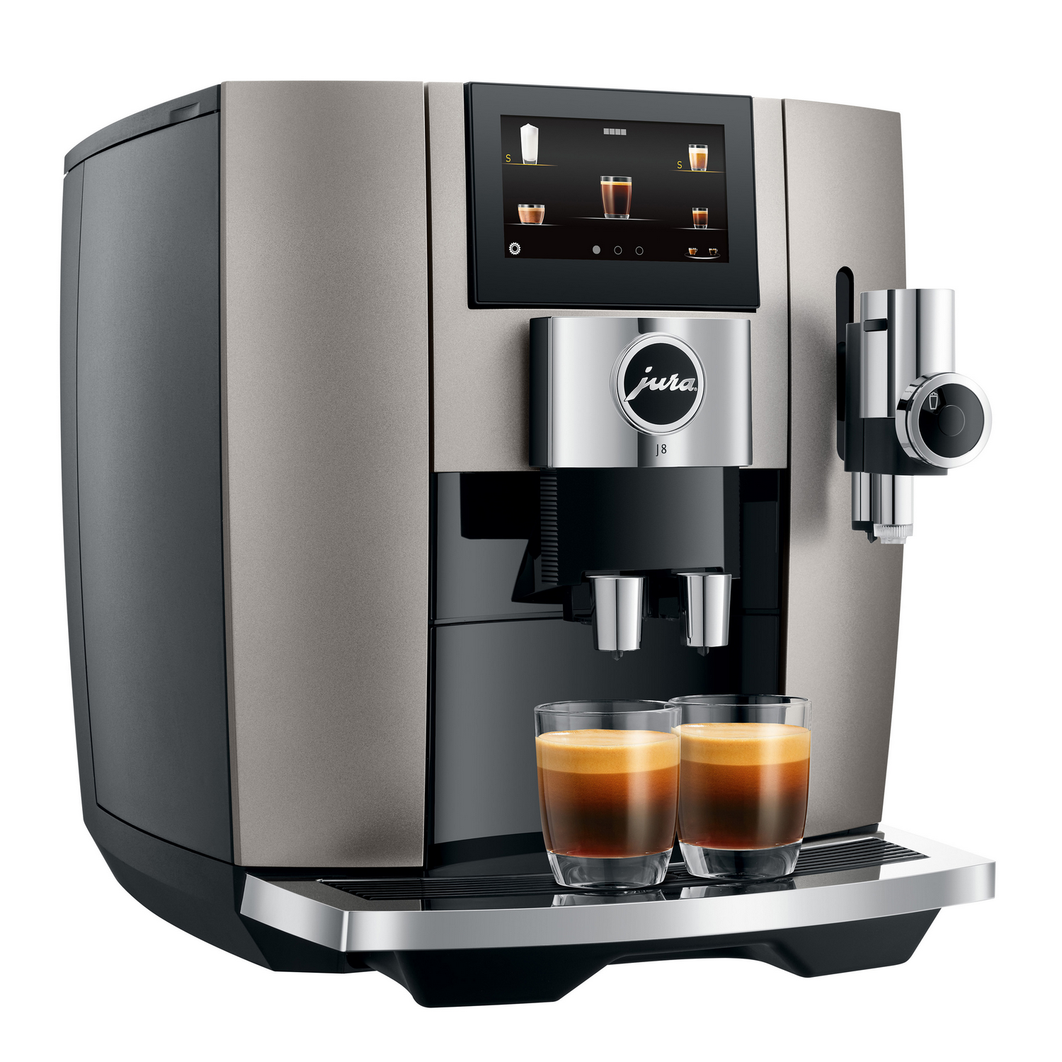 Silver and black Jura coffee machine with a display and two glasses of coffee.