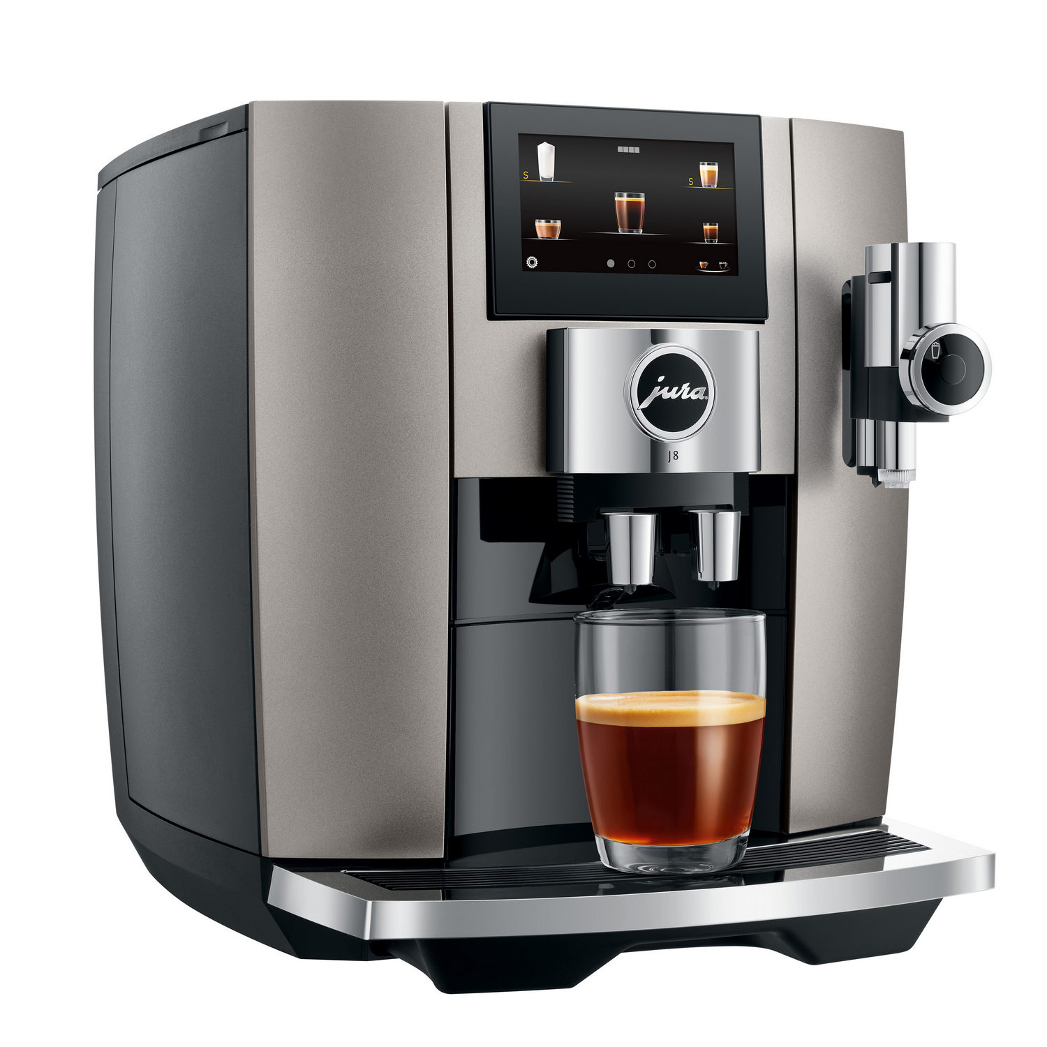 A silver and black Jura coffee machine with a touch screen and glass of coffee.