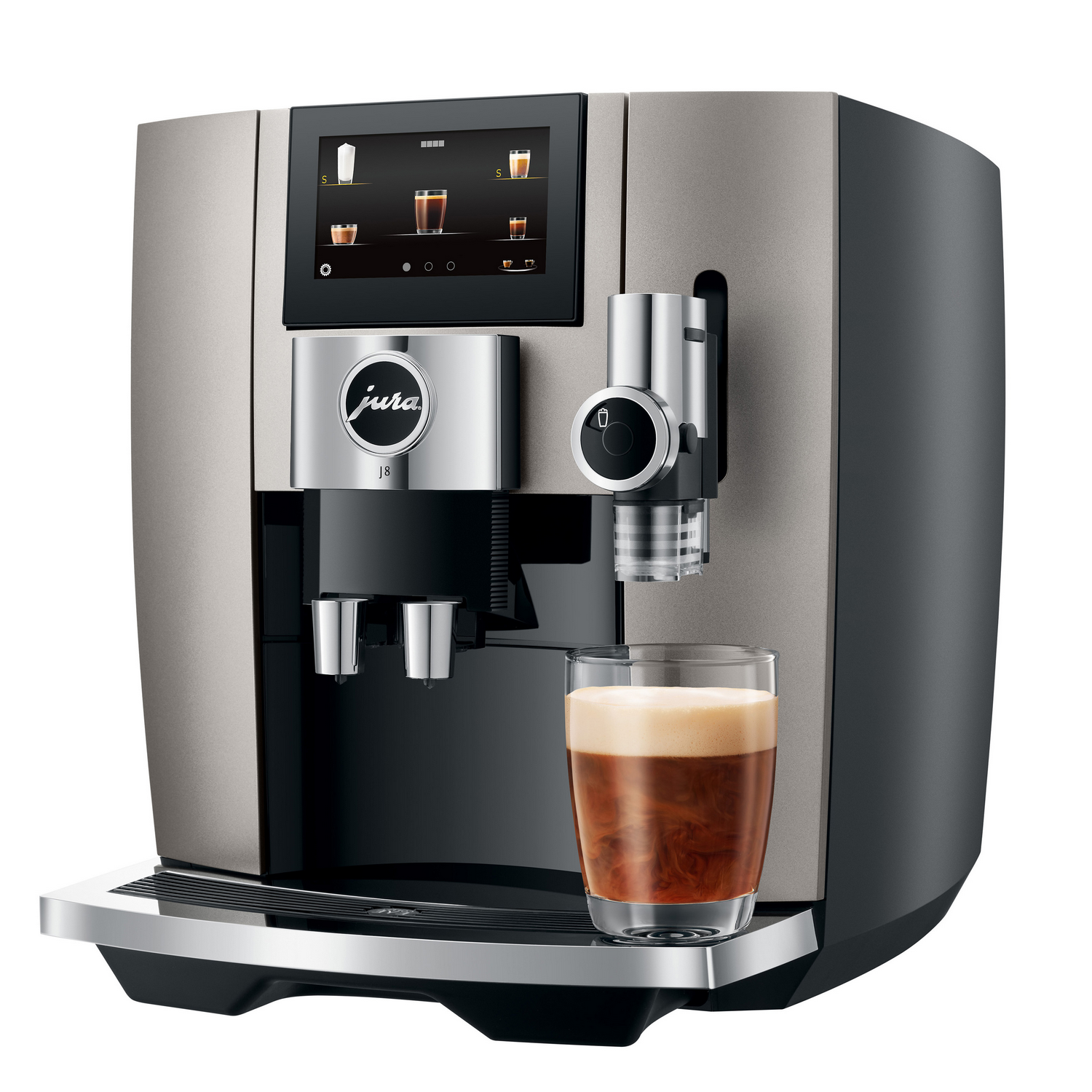 A silver and black JURA coffee machine with a touch screen and a glass of coffee.
