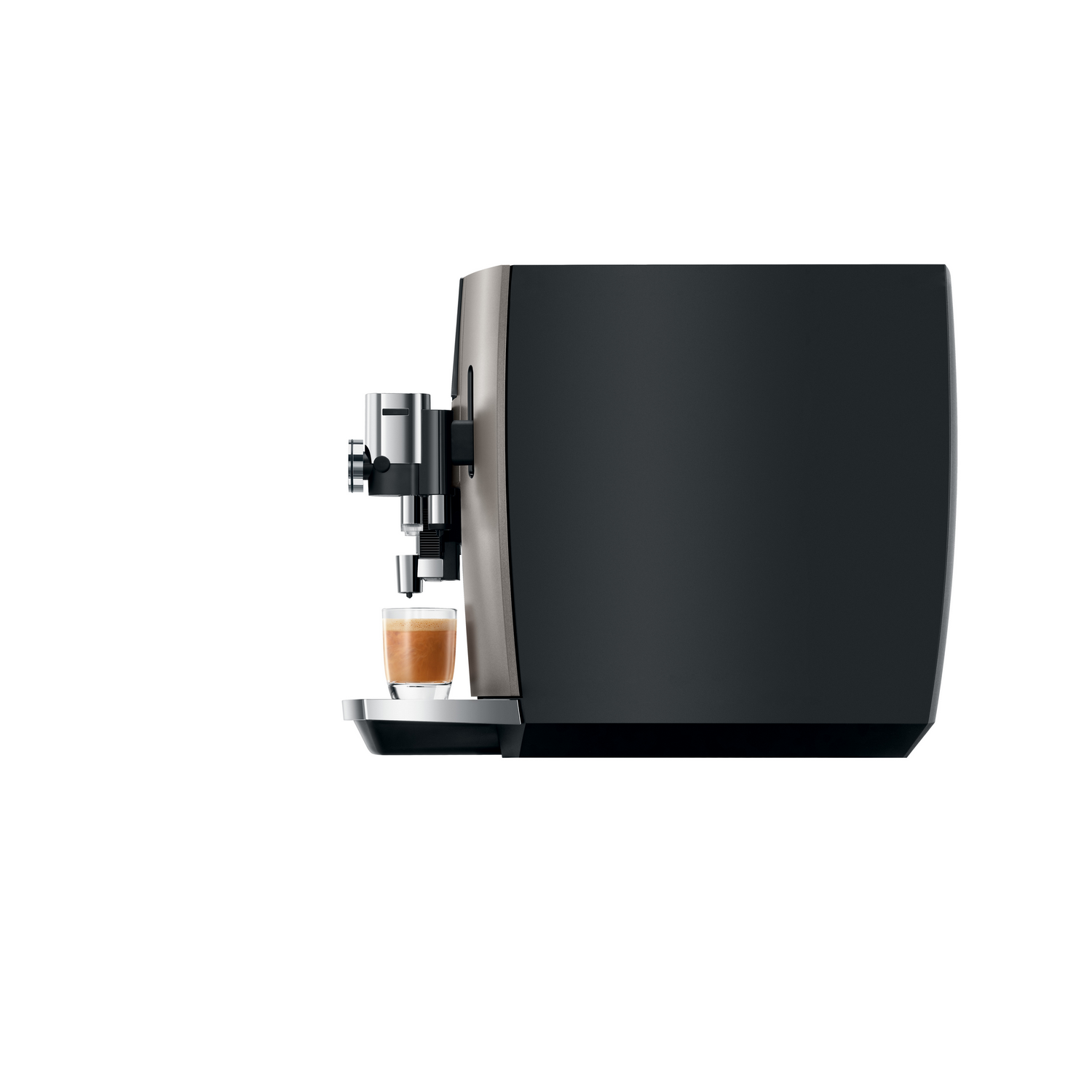 A black and silver espresso machine dispensing coffee into a clear glass cup.