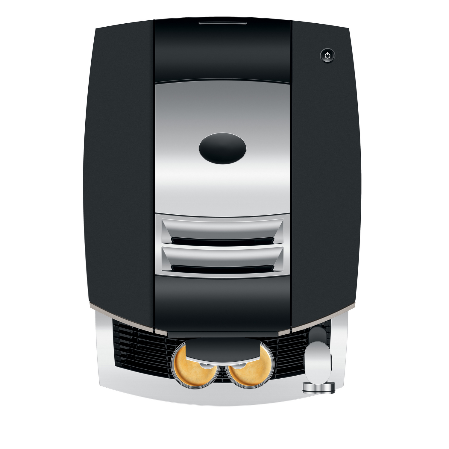 Top view of a black and silver coffee machine with two cups.