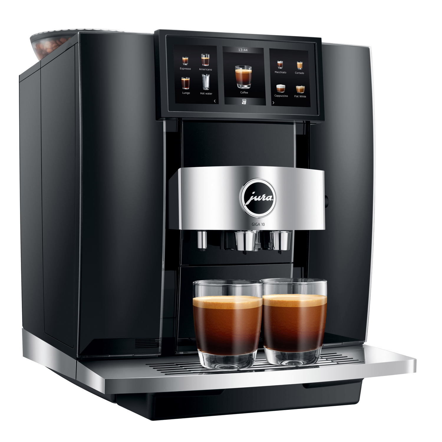 A black Jura coffee machine with a touch screen and two glasses of coffee.