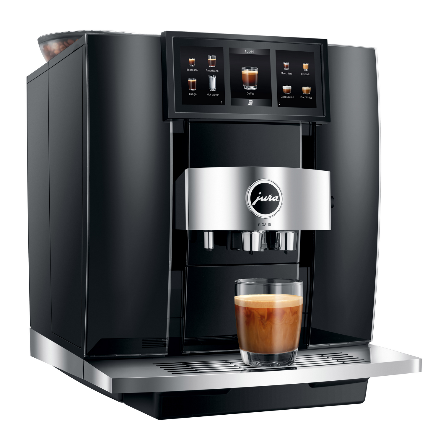 A black Jura GIGA 10 coffee machine with a cup of coffee, front view, with a touch screen interface.
