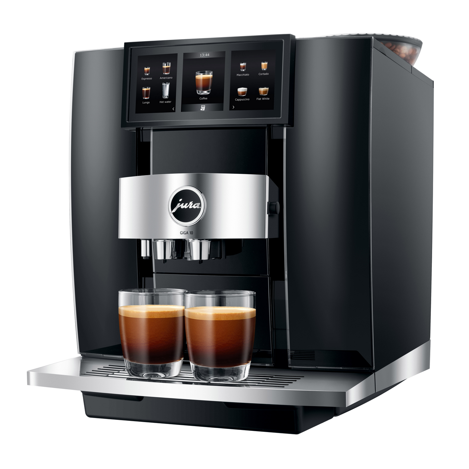 Black Jura coffee machine with a touchscreen. Two glasses of espresso sit on the tray.