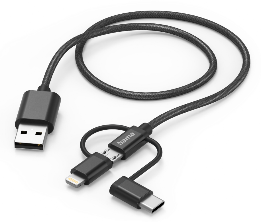 Fekete-szürke USB-kábel három csatlakozóval: USB, Lightning és USB-C.