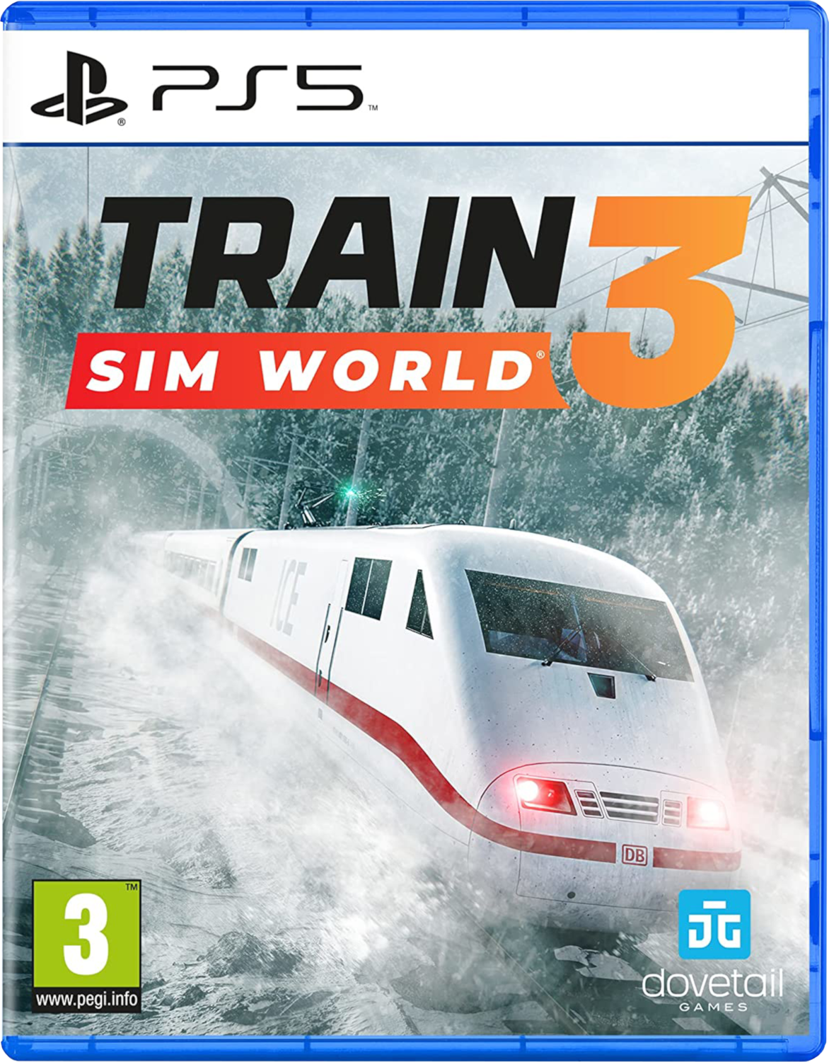 Jaquette du jeu Train Sim World 3, avec un train sur une voie enneigée et un fond bleu.