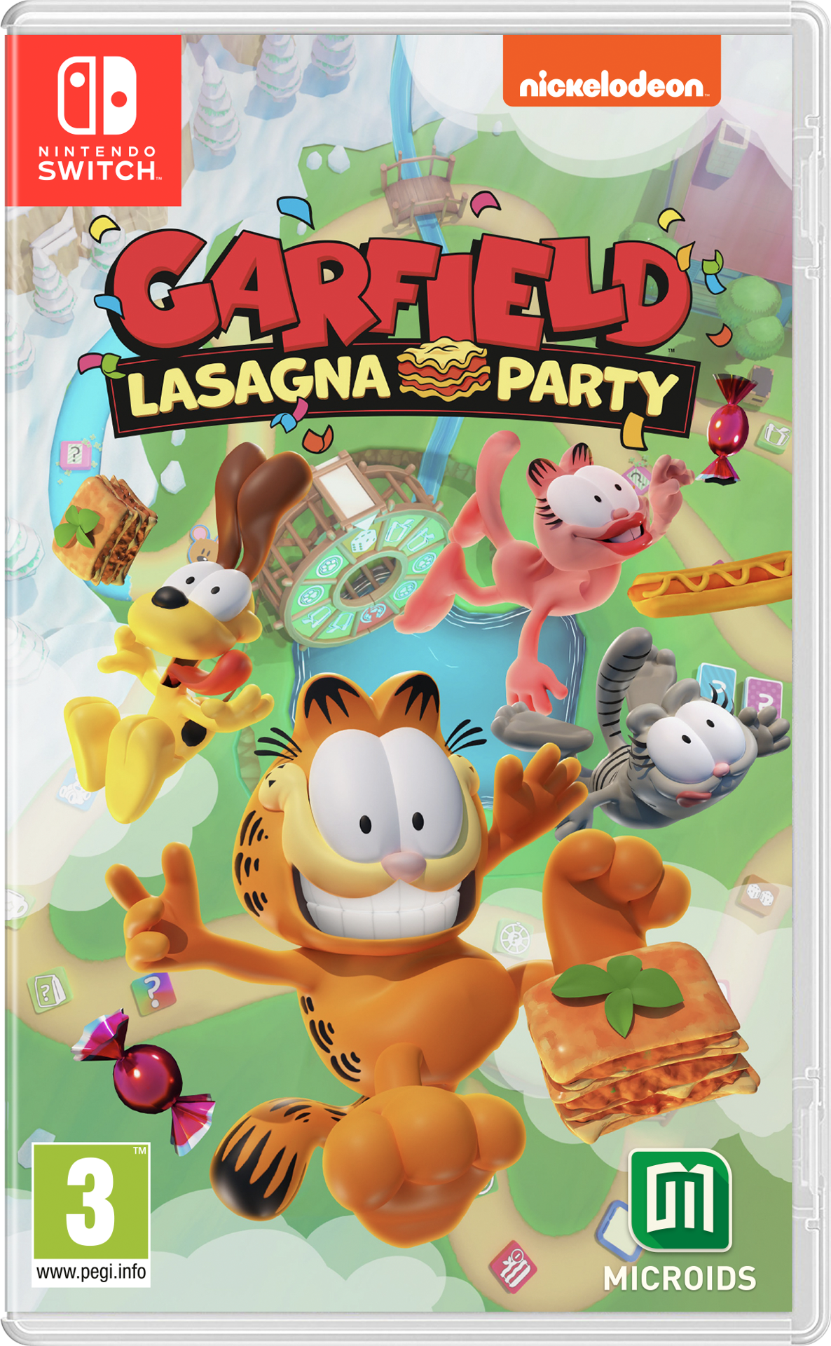 Spelbox van Garfield Lasagna Party. Garfield houdt lasagne vast. Andere personages zijn aanwezig.