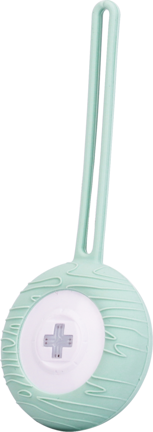 Un yoyo vert clair avec une croix blanche.