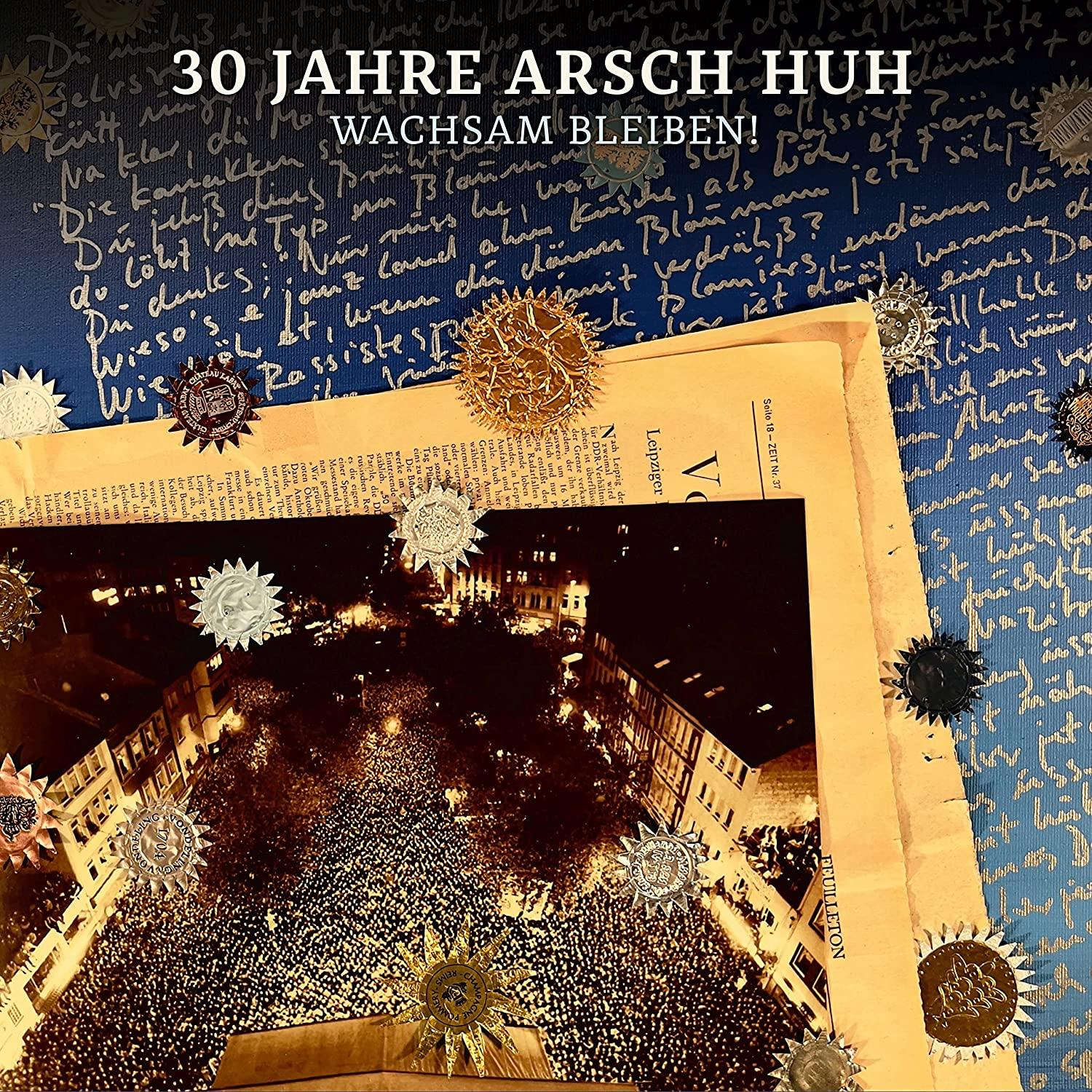 Poster mit deutschem Text und Medaillen. Altes Foto in der Mitte. Blau-Gold-Farben.