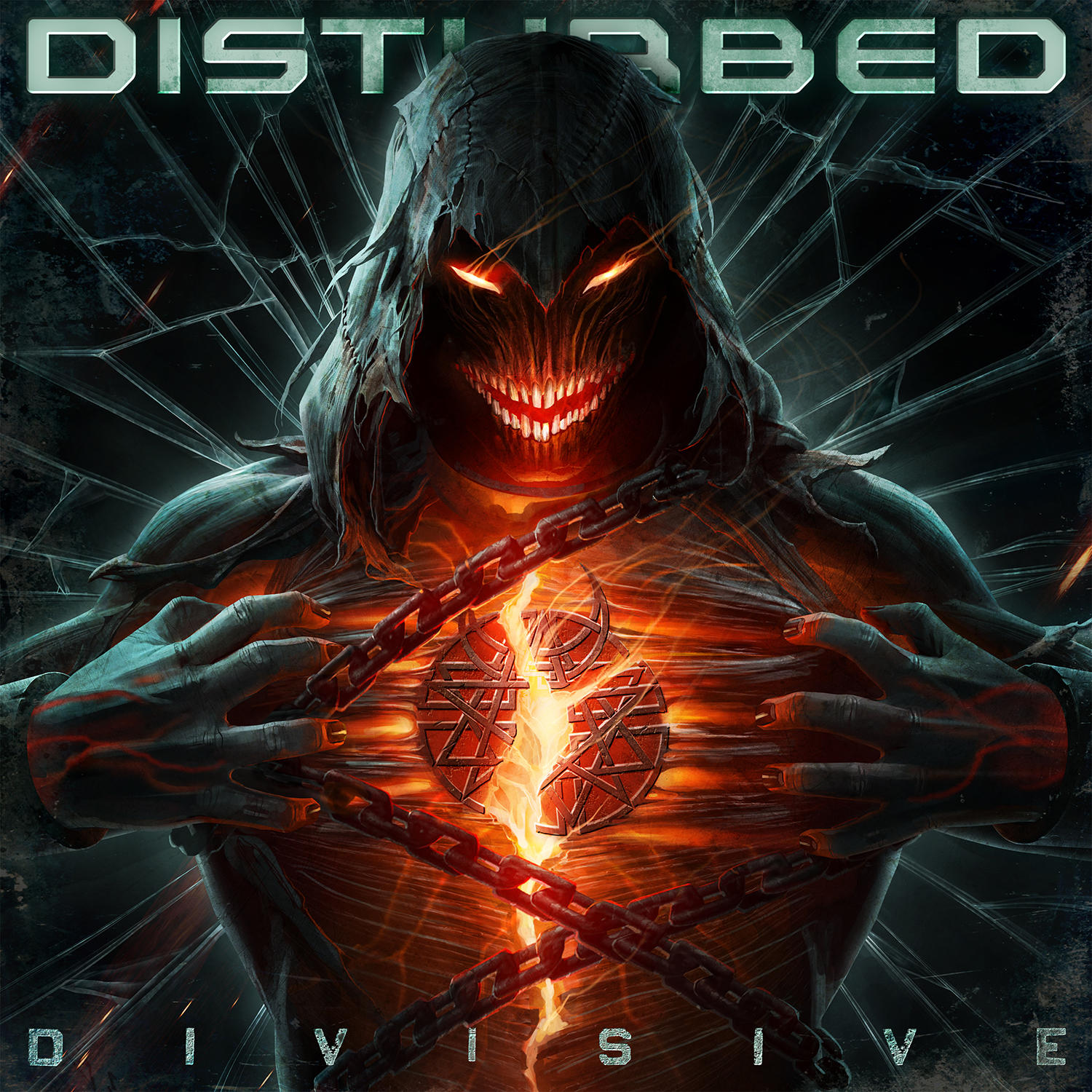 Album borító: Fényes mellkasú, láncos és kapucnis figura. Cím: Disturbed, album neve Divisive. Intenzív piros és sötét tónusok dominálnak.