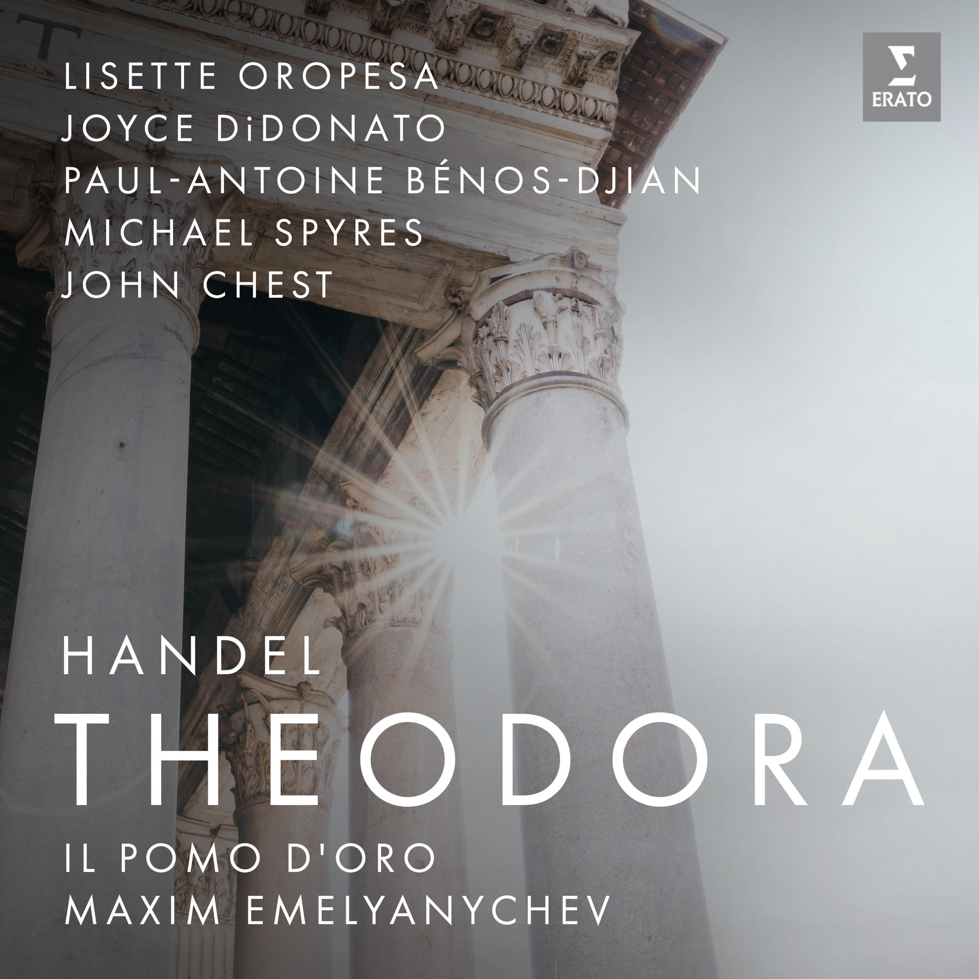 Album borító szöveggel. Cím: THEODORA. Előadók és az Erato logója.
