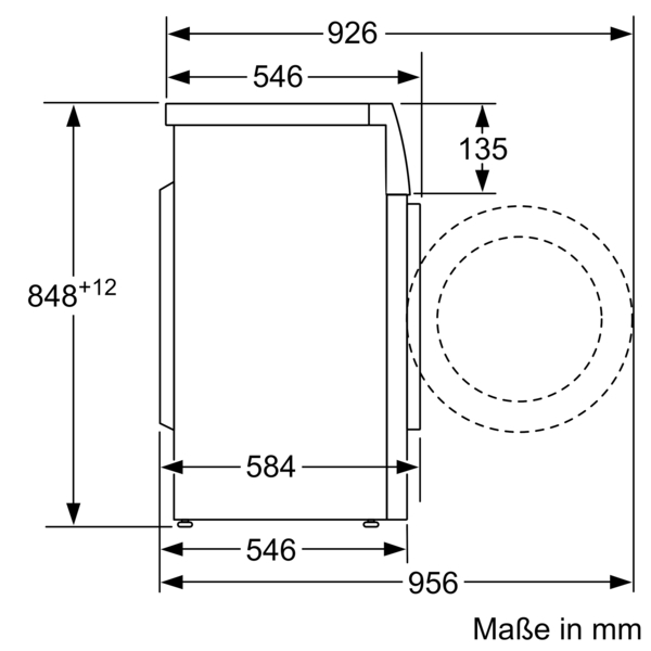 Diagramm einer Waschmaschine von der Seite mit Maßangaben in Millimetern. Gestrichelte Kreise zeigen die Trommel.