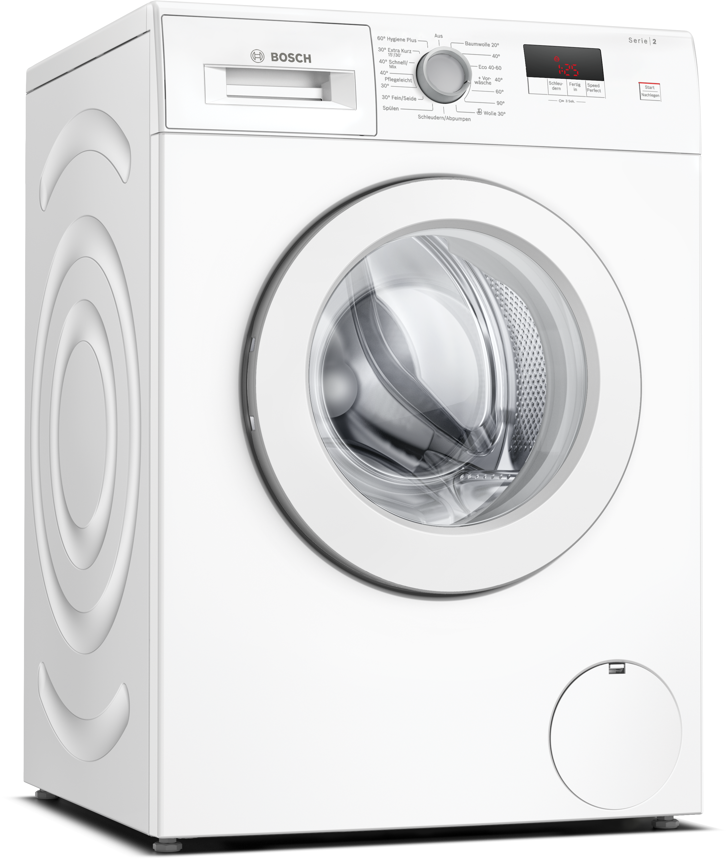 Eine weiße Bosch-Waschmaschine. Sie hat eine runde Glastür und mehrere Steuertasten. Die Maschine steht auf schwarzem Untergrund.