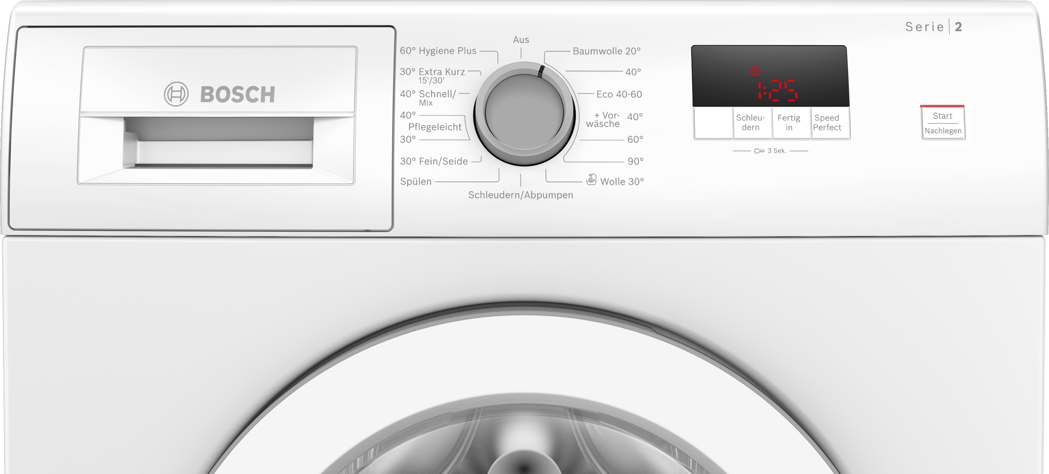 Weiße Bosch Waschmaschine. Sie hat ein Bedienfeld mit Drehknopf und Digitalanzeige mit Einstellungen und Restzeit.