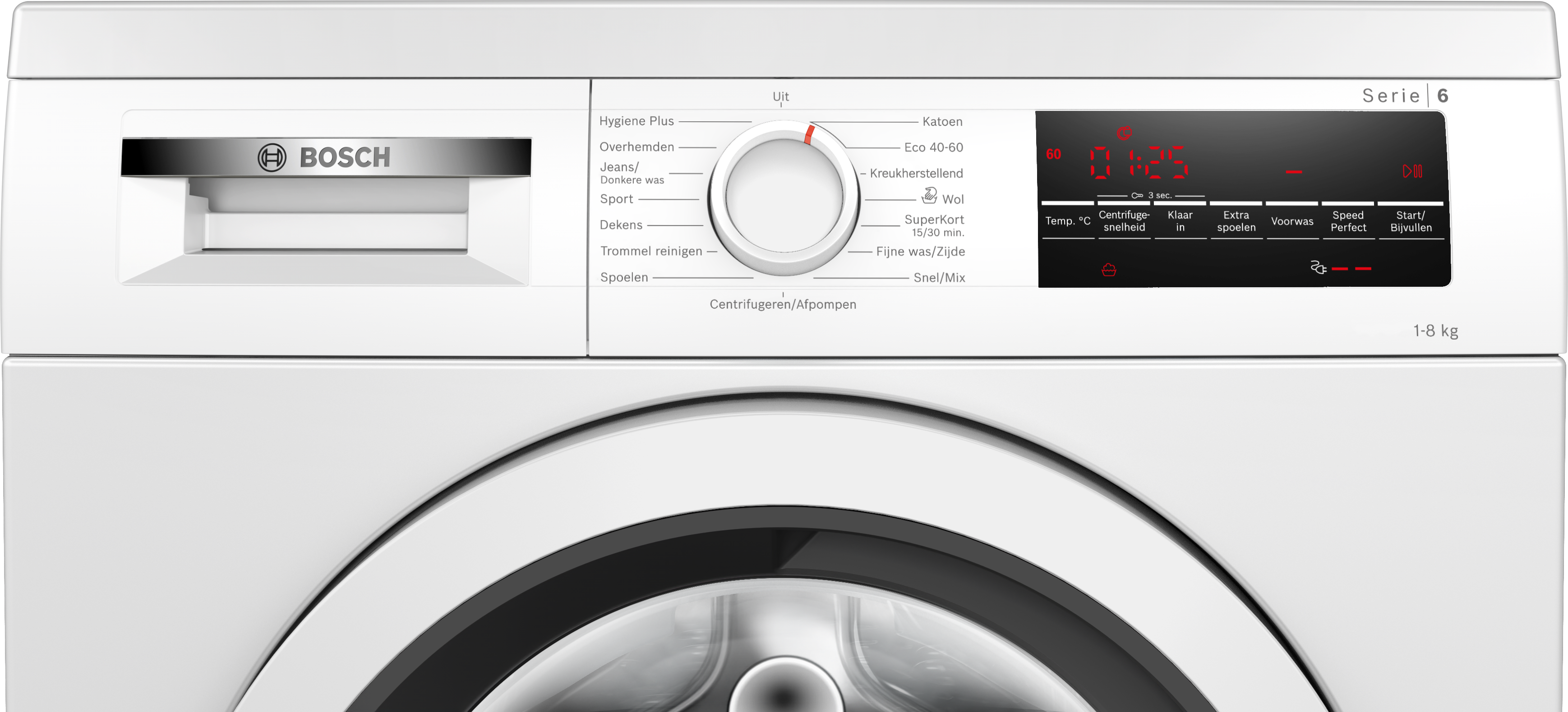 White Bosch washing machine with a control panel and a dial. The door is closed.