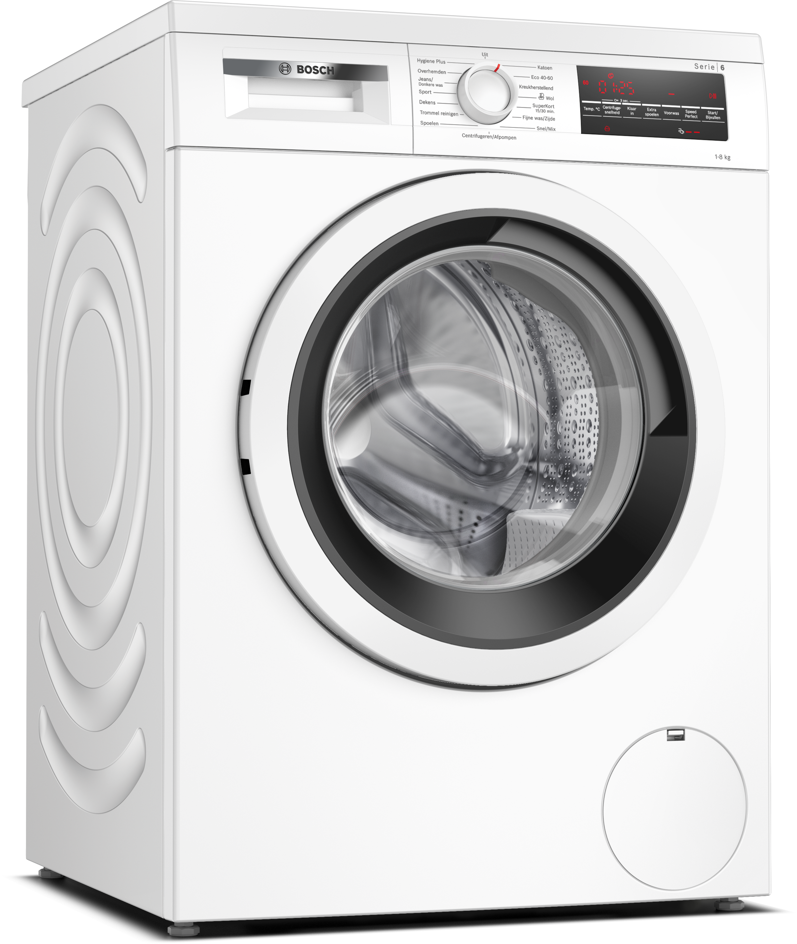 White BOSCH Serie 6 washing machine, angled view, with a black door and control panel.