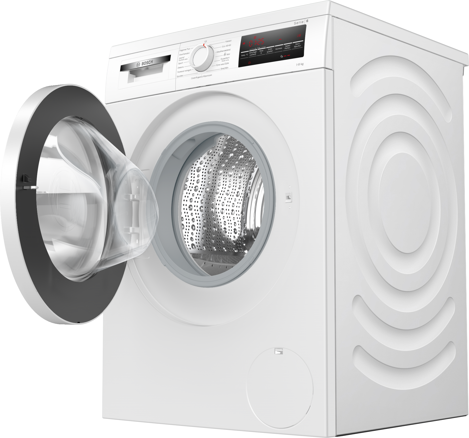 White washing machine with door open, showing the inside.