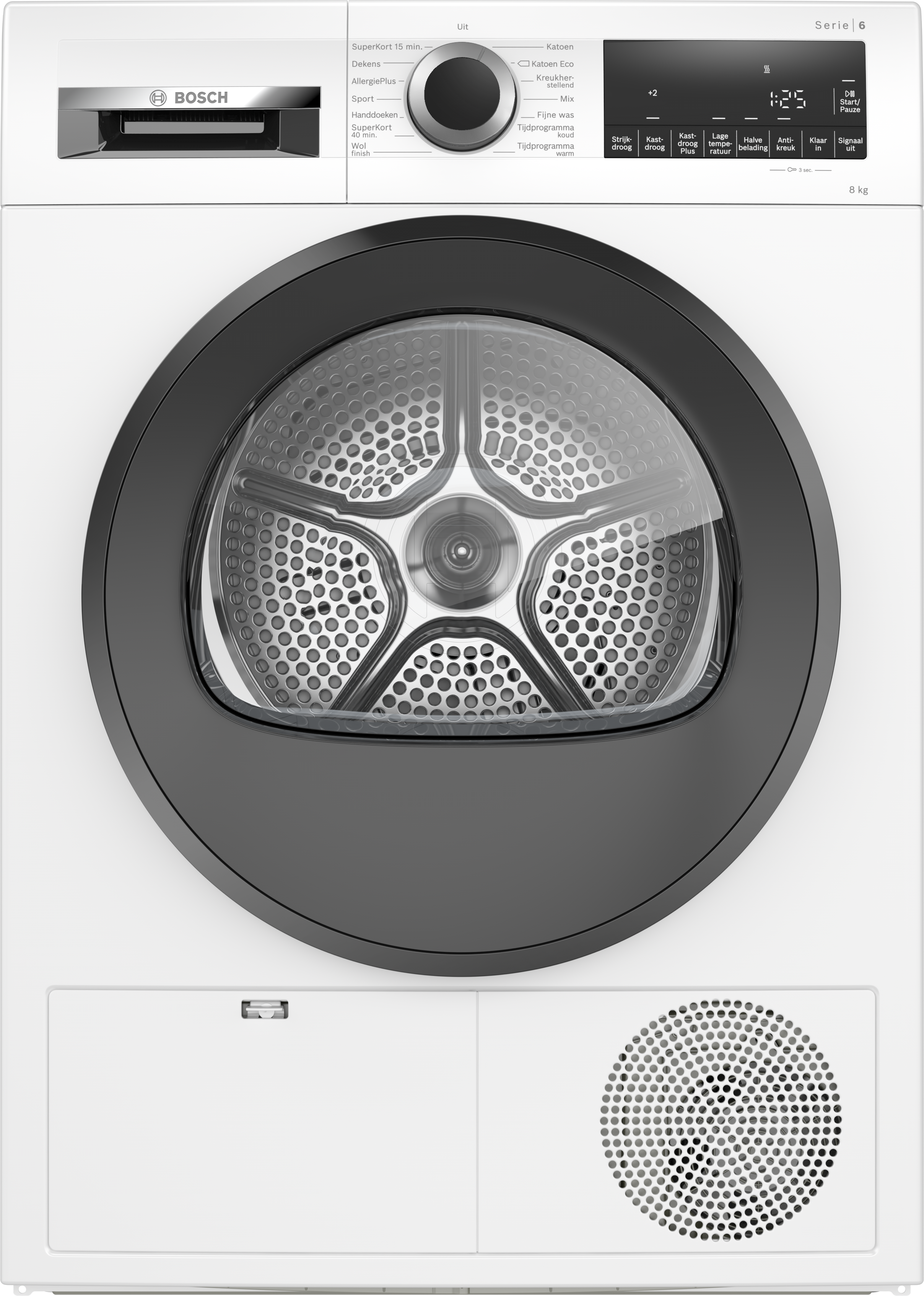 Een witte wasmachine, met een grote zwarte deur en bedieningspaneel.
