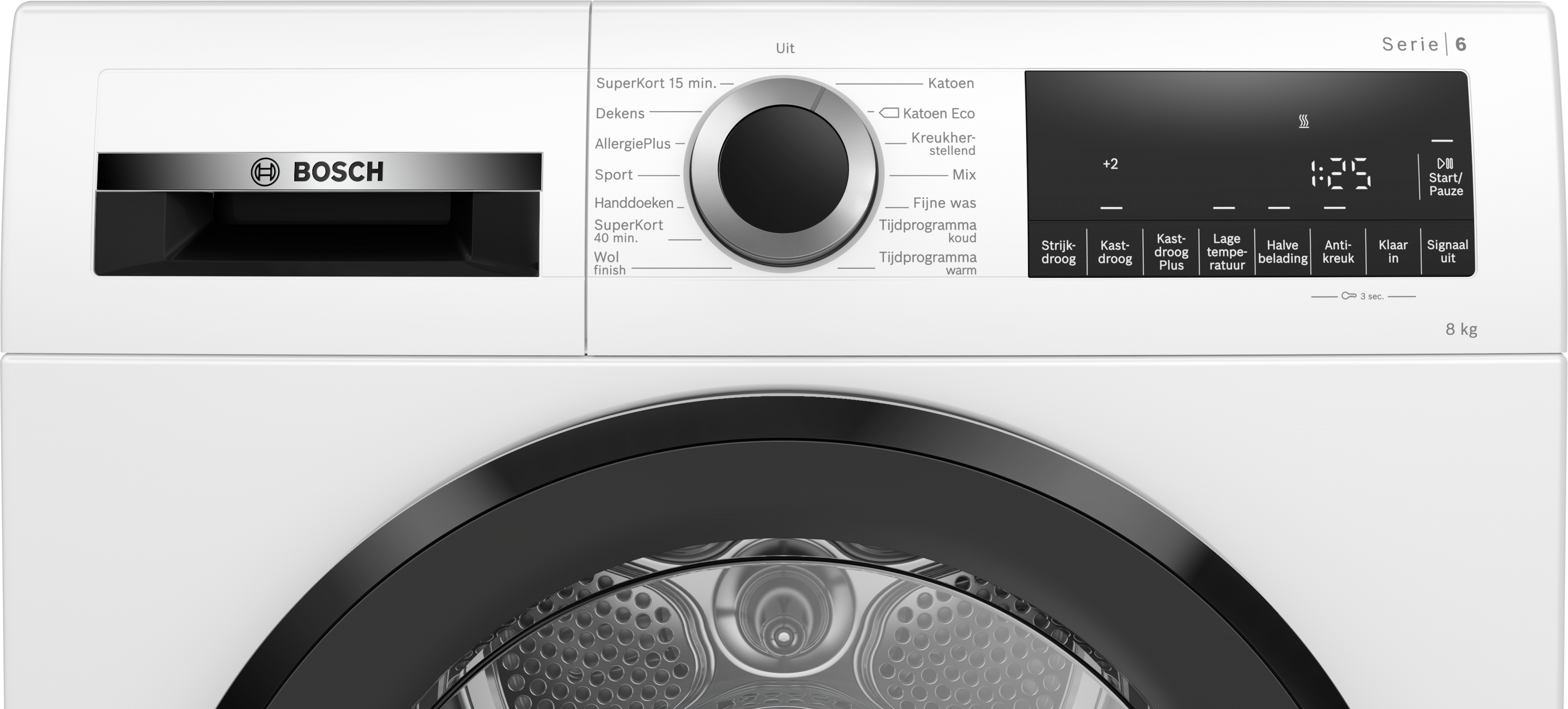 Close-up van een wit Bosch droger bedieningspaneel. Voorzien van een draaiknop en digitaal display.