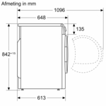Technische tekening van een koelkast met afmetingen in mm.