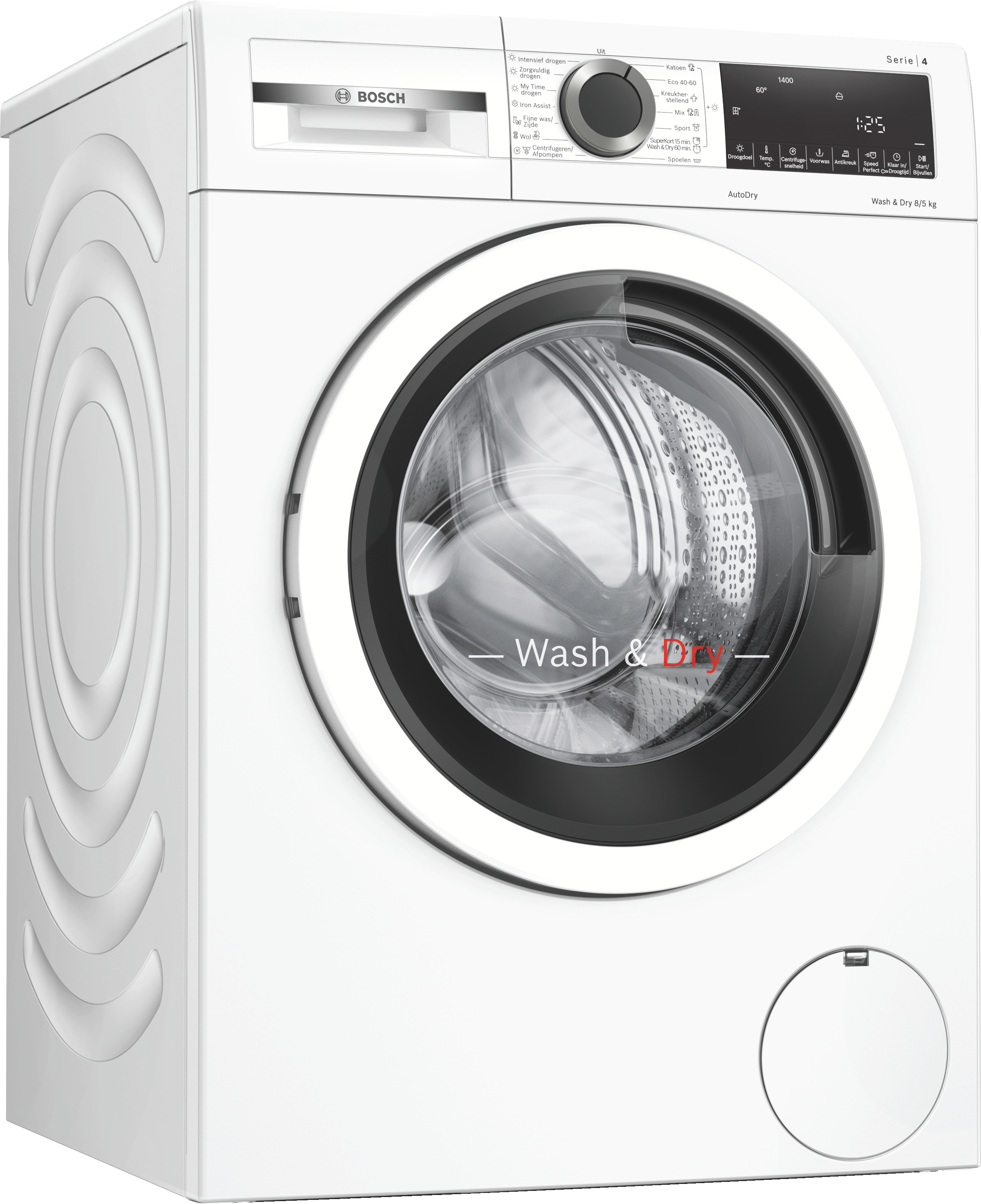 Een witte Bosch wasmachine met een zwarte deur en bedieningspaneel.