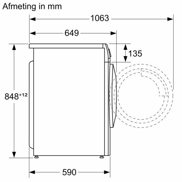 Witte wasmachine, zijaanzicht. Afmetingen in mm, hoogte, diepte en breedte.