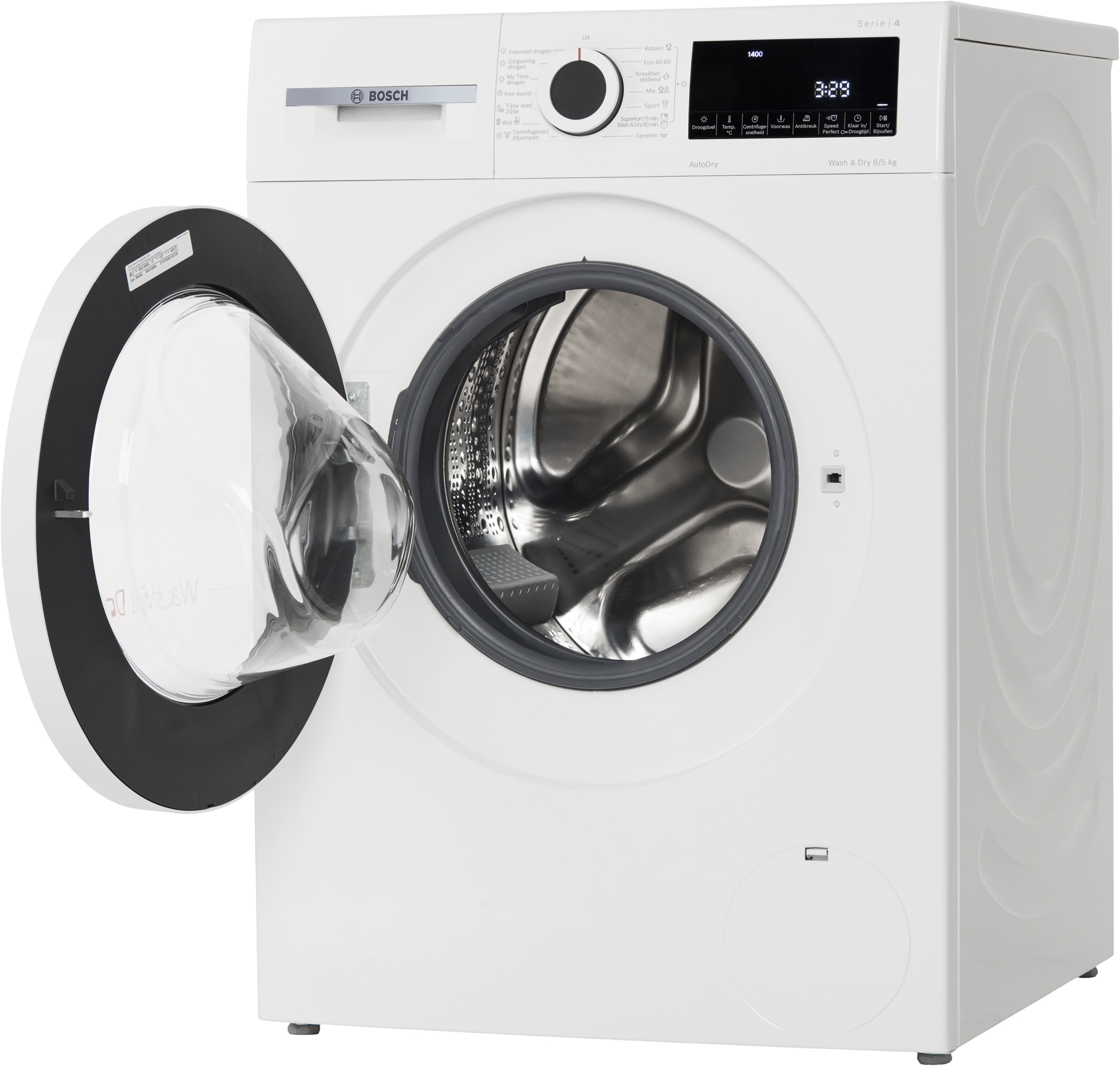 Witte Bosch wasmachine met open deur. Digitaal display, knoppen en draaiknop zichtbaar.