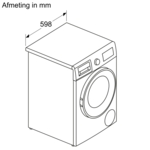 Een lijntekening van een wasmachine van bovenaf. Afmetingen zijn in mm.