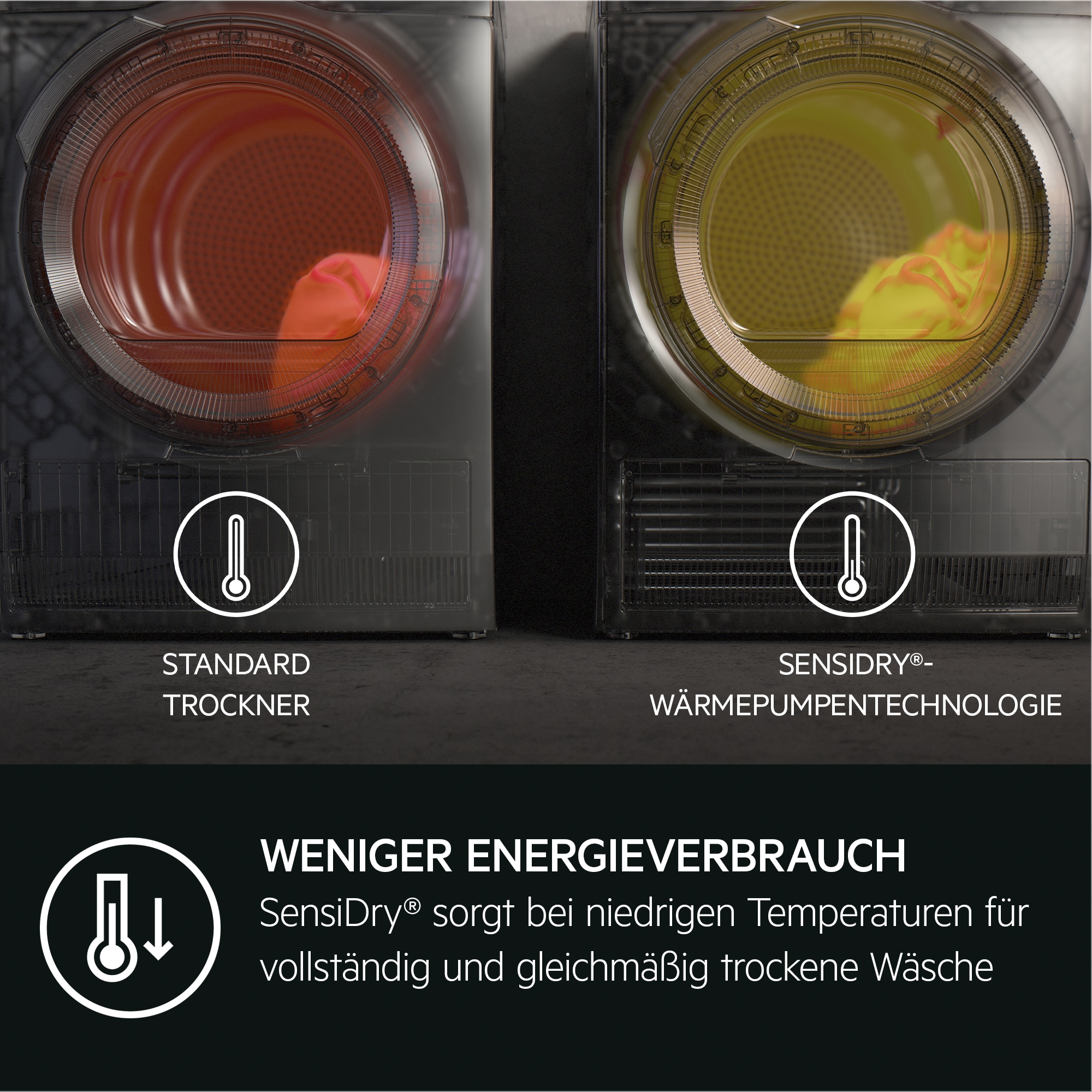 Vergleich von zwei Waschmaschinentrocknern. Einer ist Standard, der andere 'SensiDry'. Text und Symbole sind gezeigt.
