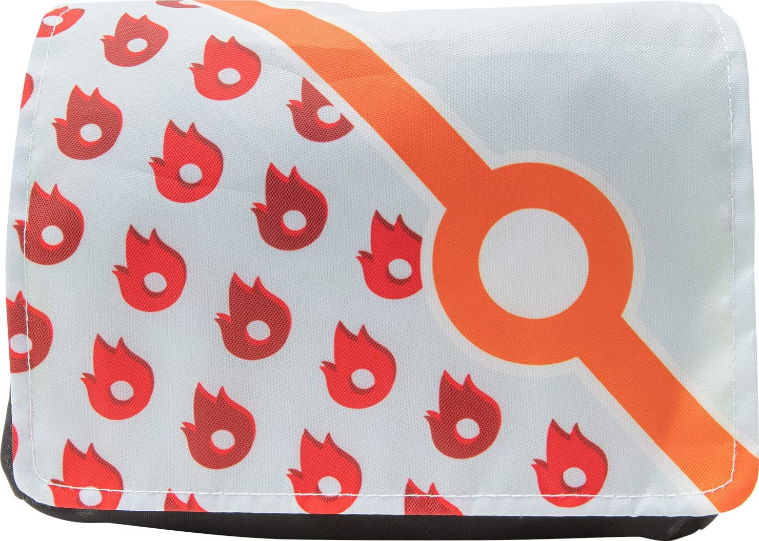 Sac blanc avec motif de flammes rouges et une large bande orange.