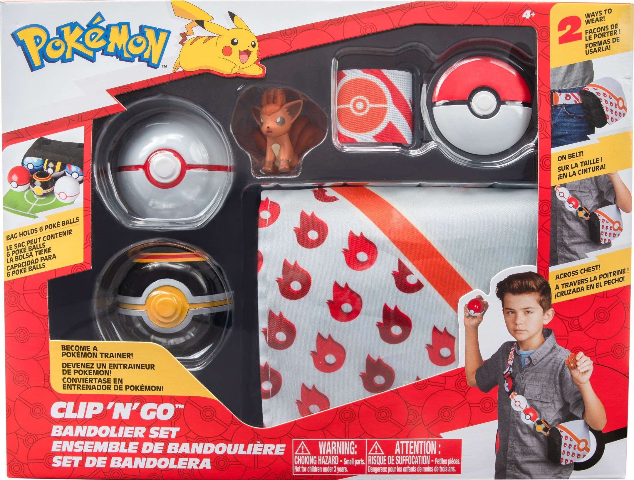 Un ensemble de bandoulière Clip 'N' Go Pokémon. Il comprend une ceinture, des balles, une figurine et d'autres accessoires.