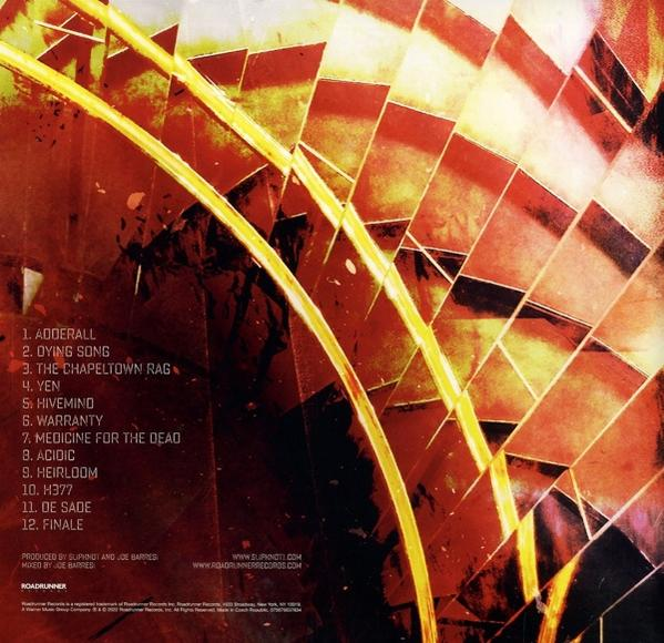 Une pochette d'album avec un design géométrique rouge et jaune, et une liste de chansons.