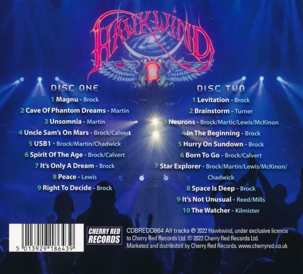 Pochette de CD avec liste des titres, logo Hawkwind et marque Cherry Red Records.