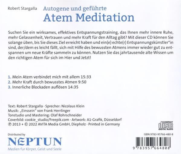 Text auf einem Buchcover mit dem Titel Atem Meditation.