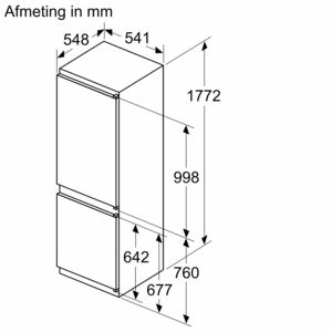 Isometrische tekening van een inbouwkoelkast met afmetingen.