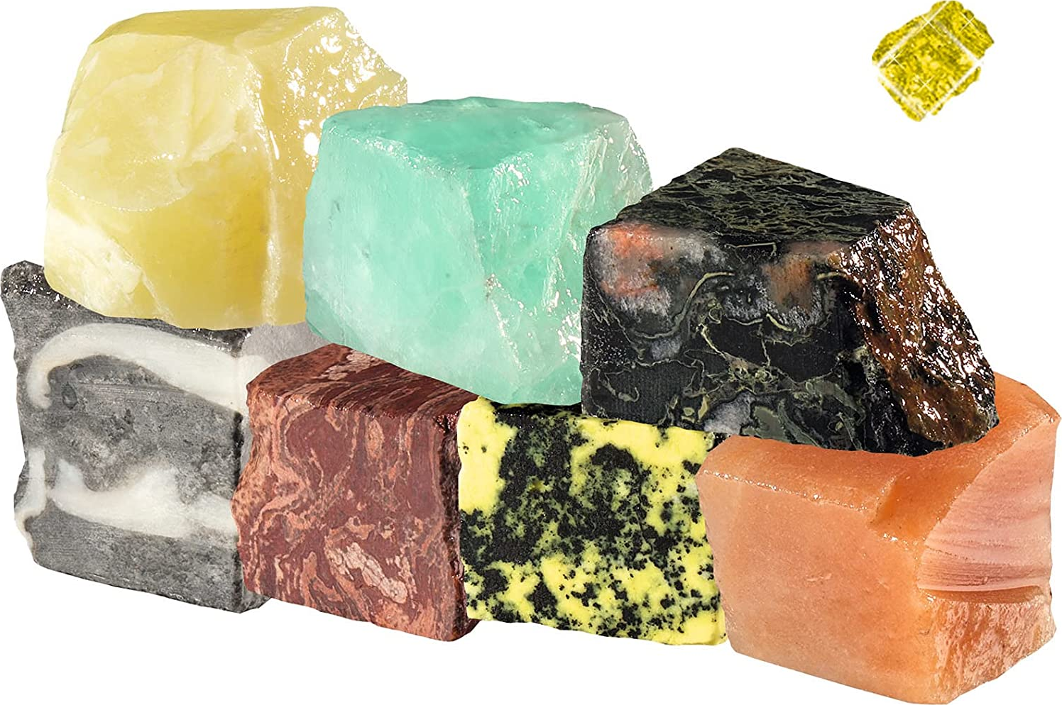 Sortiment farbiger Mineralgesteine mit unterschiedlichen Texturen und Farben.