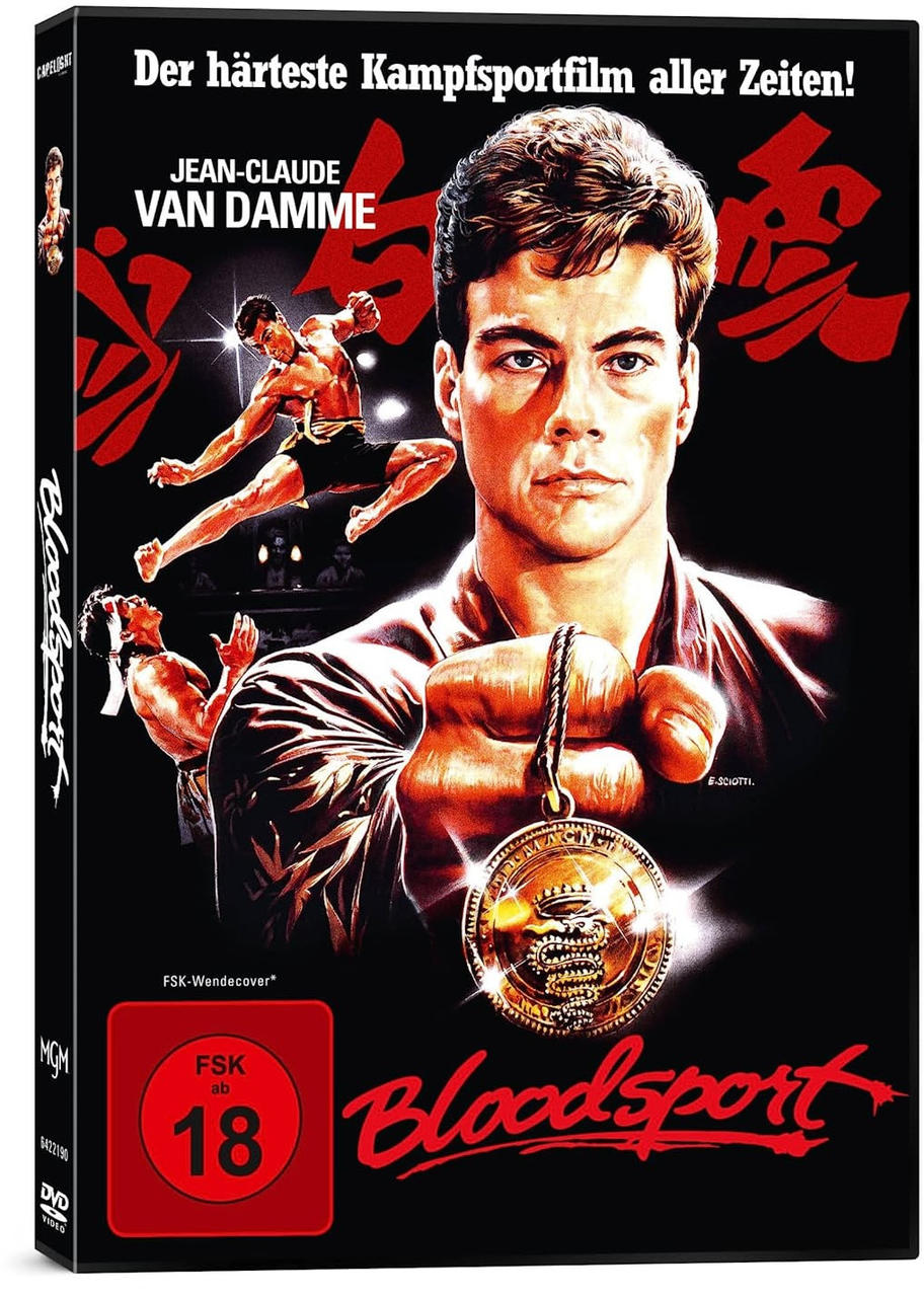 Filmtitelbild für Bloodsport mit Jean-Claude Van Damme. Es hat einen roten Hintergrund.