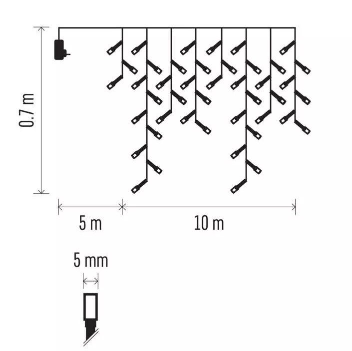 Füzérfények diagramja méretekkel: 0,7 m magasság, 5 m és 10 m szélesség, valamint egy kis fény részlet.