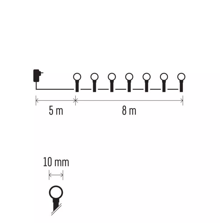 Egy diagram, amely egy lámpafüzért mutat dugóval és méretekkel.