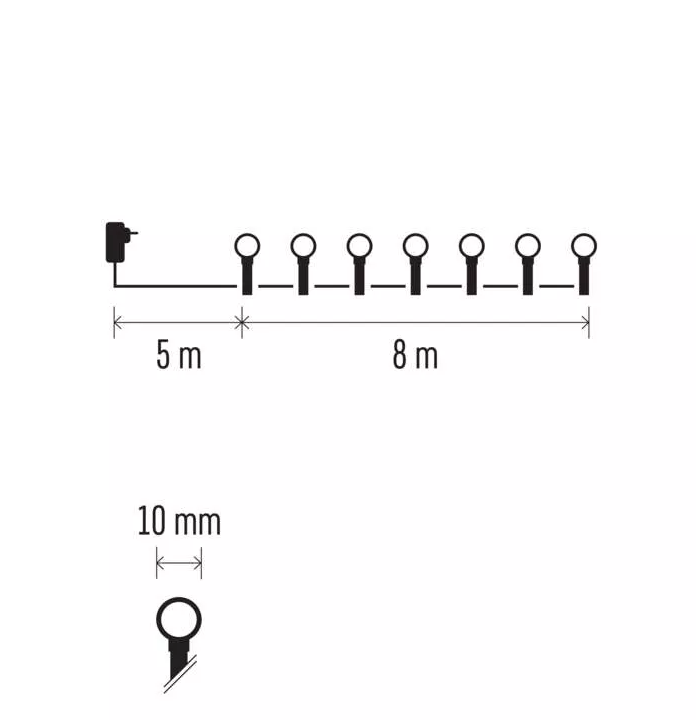 Egy diagram a kábelről, 10 mm-es lámpákkal, 5m dugóval és 8m-es lámpával.