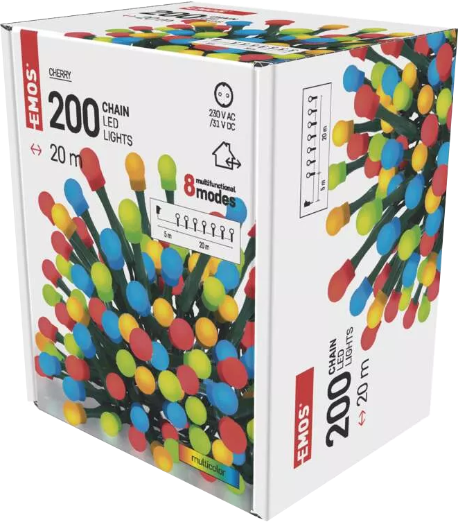 200 színes LED-es lámpa doboza. A termékcímke a lámpákról és üzemmódjaikról tartalmaz részleteket.