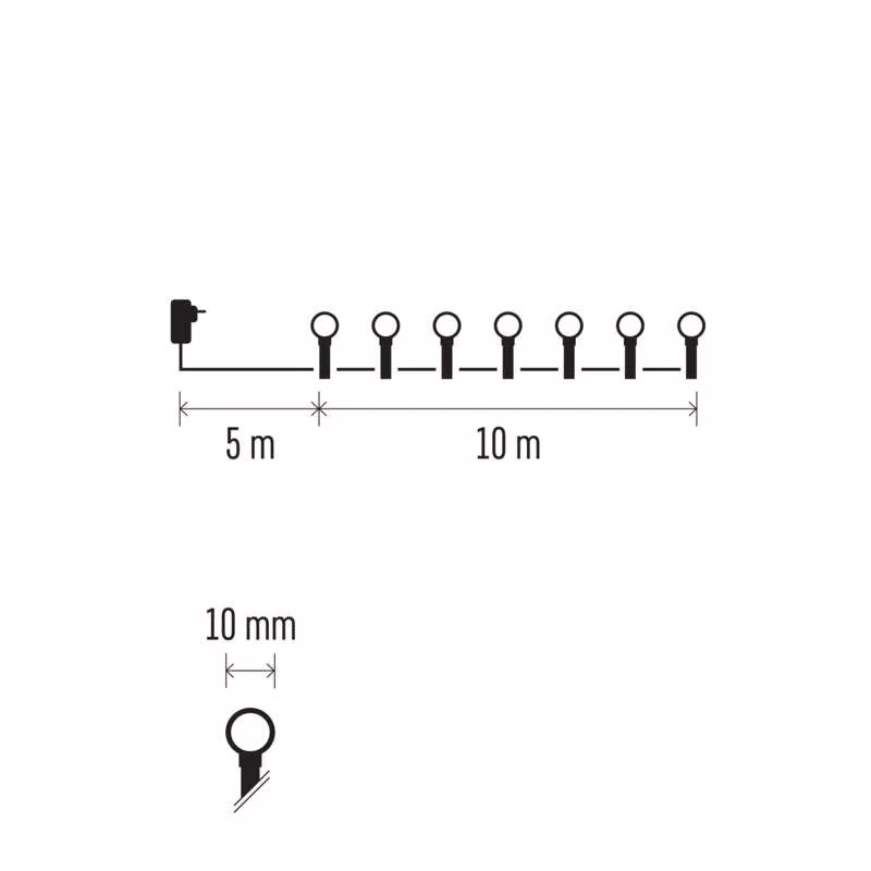 Füzérvilágítás diagramja, a hosszt és a lámpák távolságát mutatva.