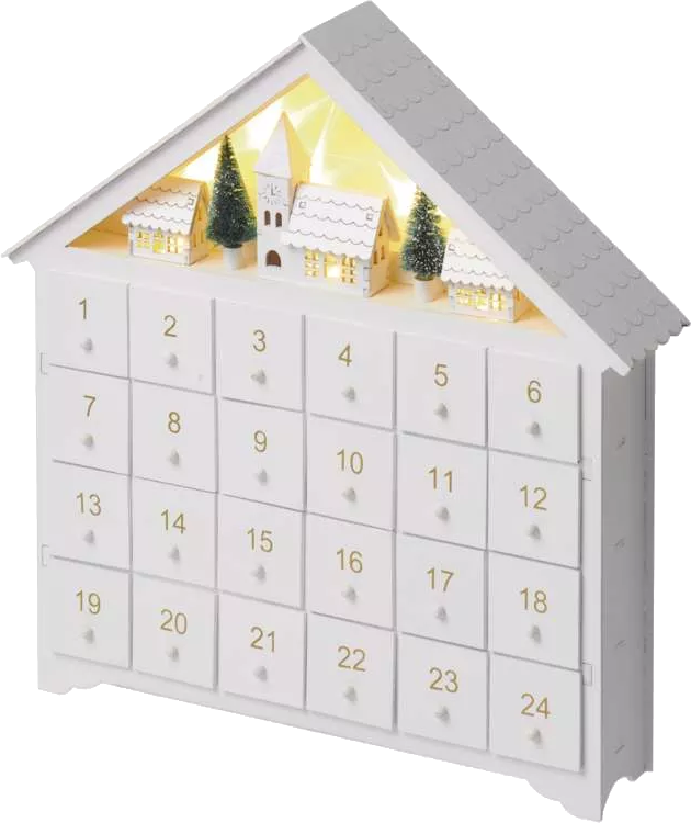 Fehér adventi naptár ház alakban, 1-24-ig számozott fiókokkal. Miniatűr házak a tetején.