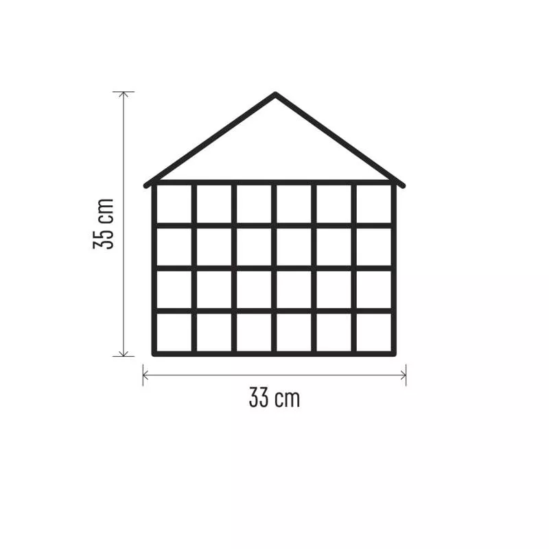 Egy fekete rács 20 téglalappal. 35 cm magas és 33 cm széles, háromszög alakú tetővel.