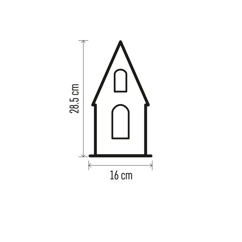 Egy ház körvonalának diagramja méretekkel: 28,5 cm magasság és 16 cm szélesség.